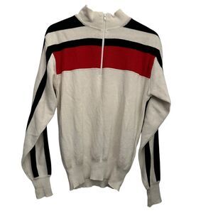 Meister Hong Kong Retro Vintage White, Red, Black Stripe 1/4 Zip Sweater Size L
